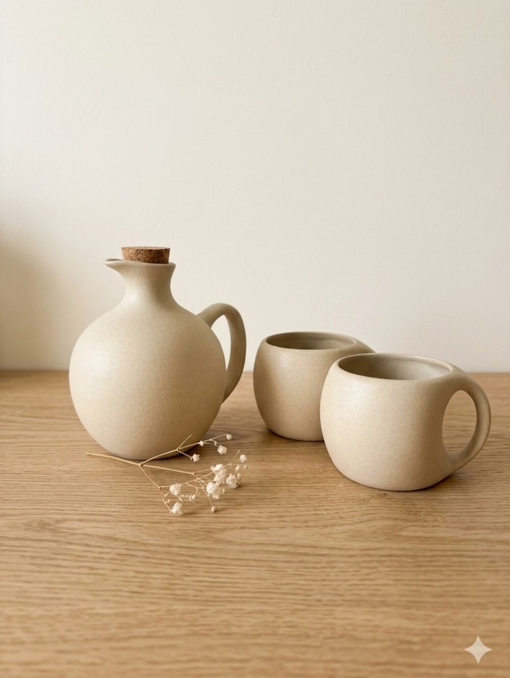 Beige Ceramic Pitcher & Mug Set — Cottagecore Farmhouse Decor